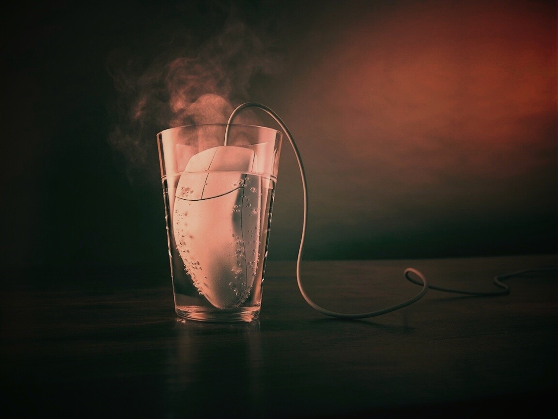 Дымящаяся мышка в стакане воды обои