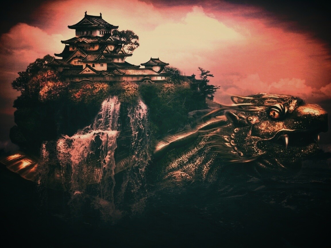 Золотая черепаха и китайская пагода в океане обои