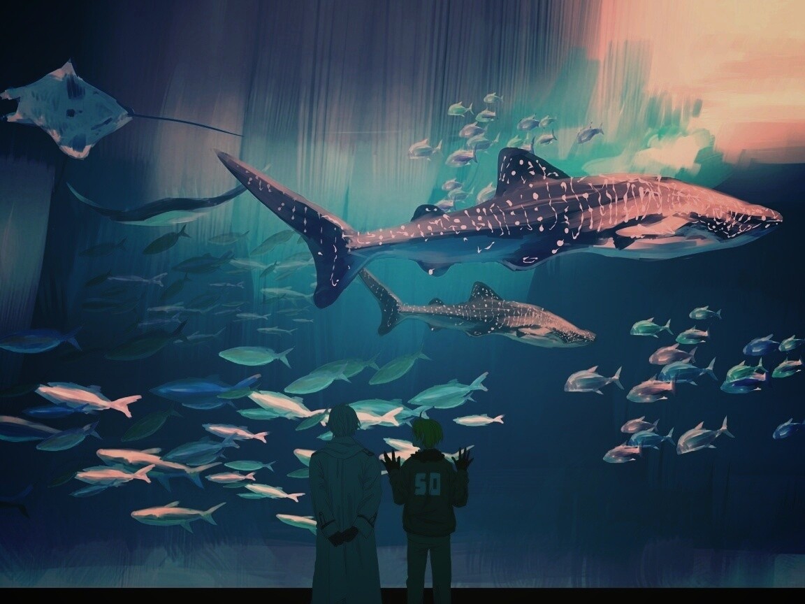 Двое в океанариуме обои