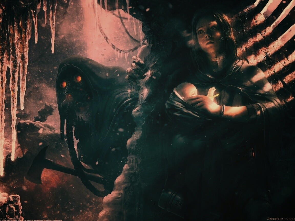 Девушка с ребенком прячется от монстра обои