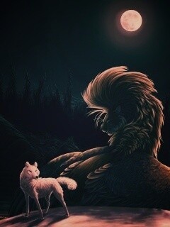 Волк и лев при луне обои