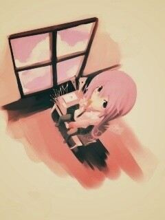 Школница с конфетой у окна обои