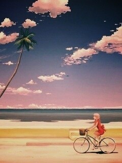 Девушка едет на велосипеде вдоль берега обои