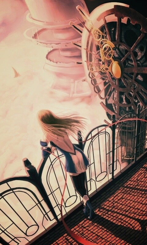 Девушка в городе над облаками обои