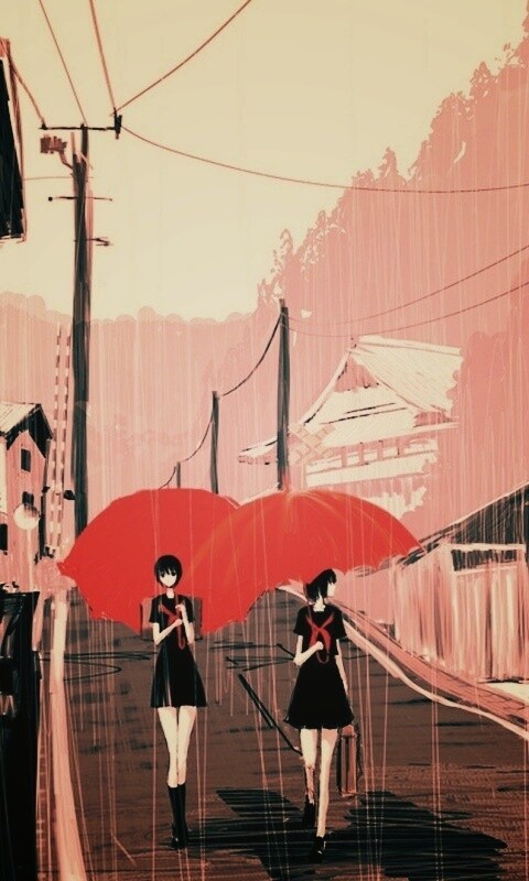 Девушки с красными зонтами обои