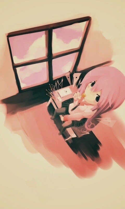 Школница с конфетой у окна обои