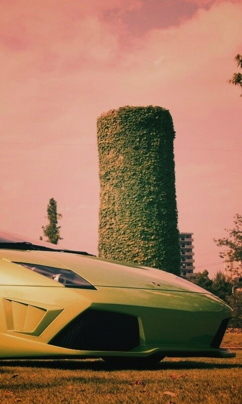 Зелёный Ламборджини на траве обои