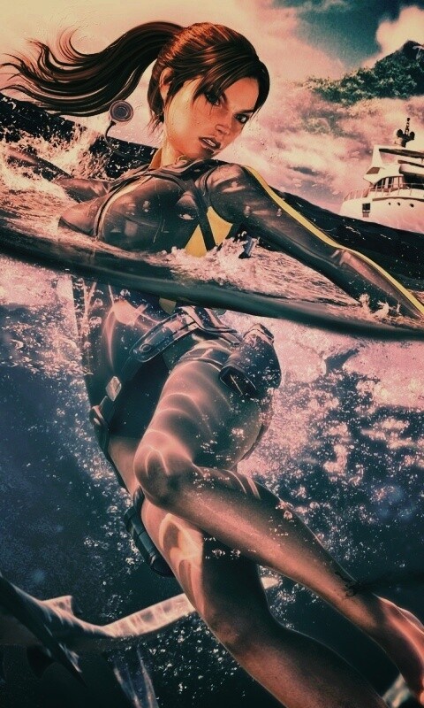 Лара Крофт против акул обои