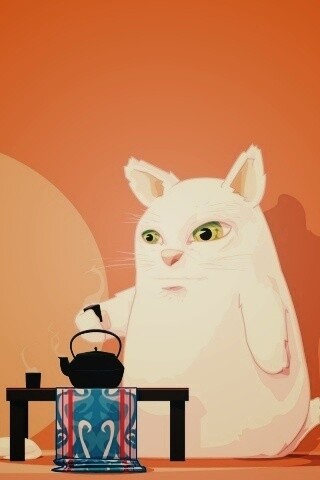 Кот пьет чай обои