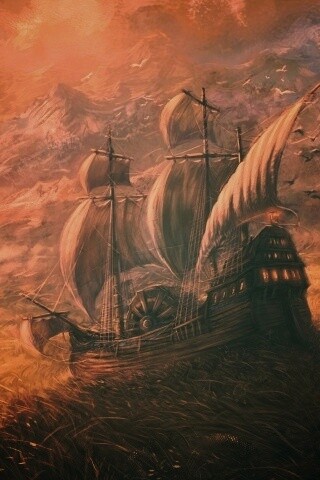 Корабль в море травы обои