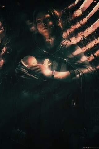 Девушка с ребенком прячется от монстра обои