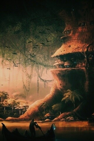 Город в стволе дерева обои