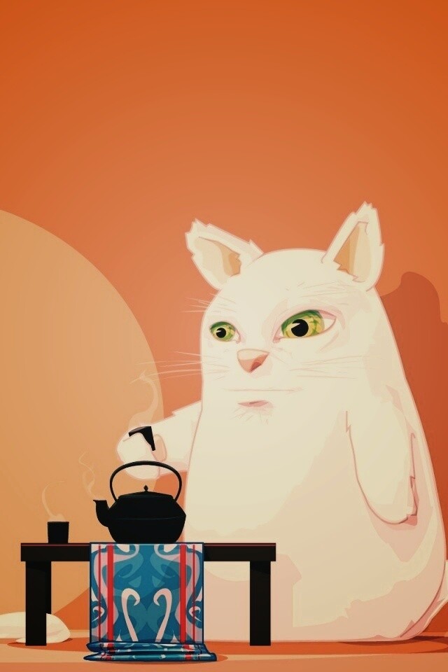 Кот пьет чай обои