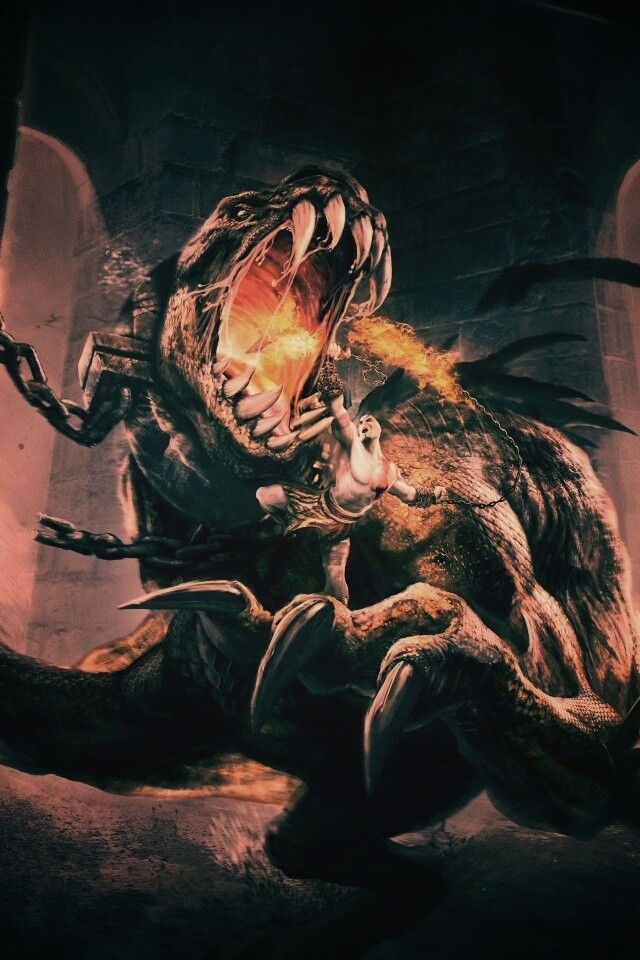 Кратос против динозавра обои