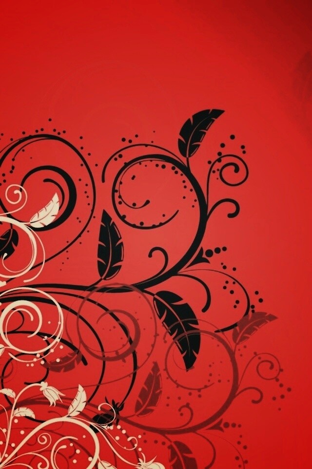 Черно-белые листики на красном фоне обои