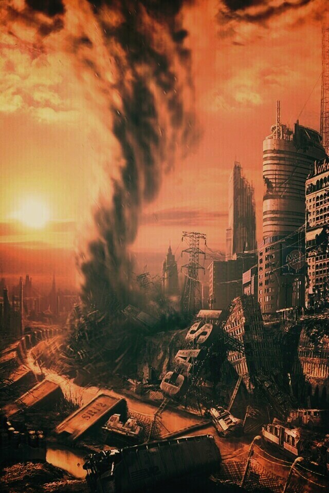 Торнадо в разрушенном городе обои