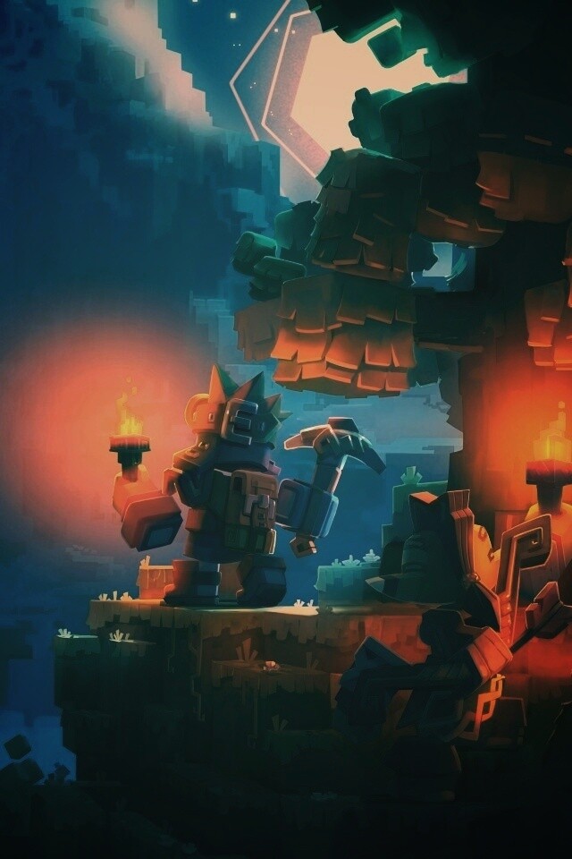 Парень с киркой и факелом смотрит в даль обои