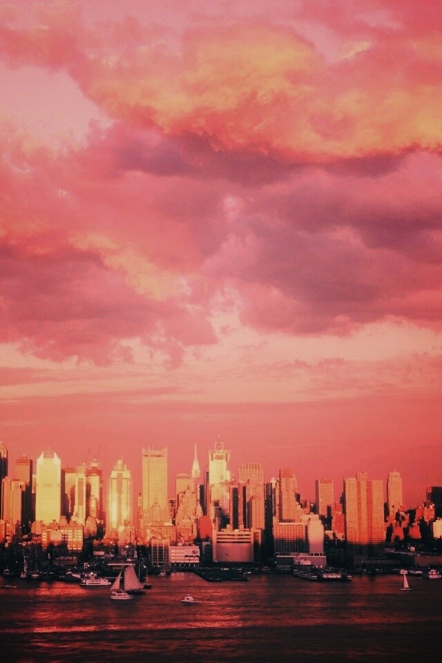 Панорама города на закате обои