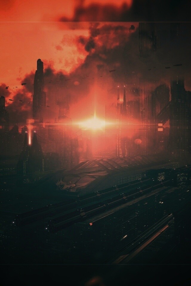 Закат в инопланетном городе обои