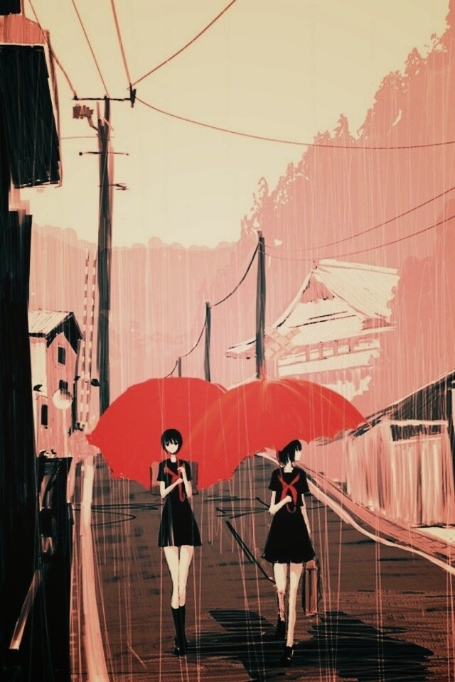 Девушки с красными зонтами обои