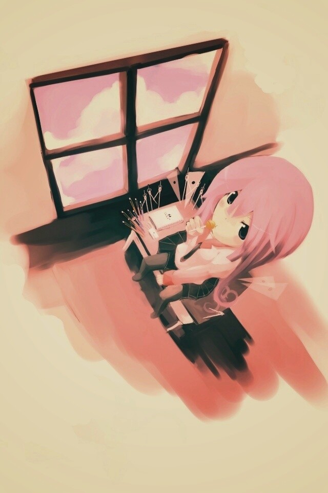 Школница с конфетой у окна обои