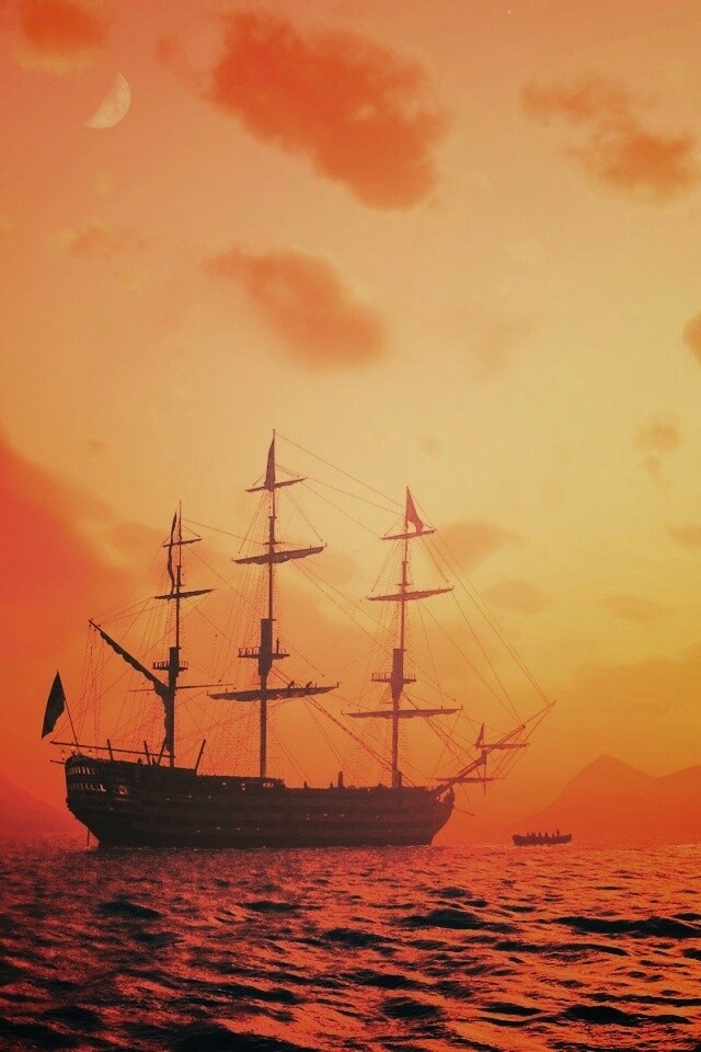 Трехпалубный парусный корабль на закате обои