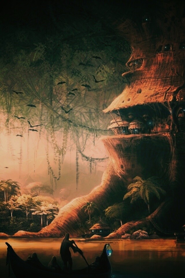 Город в стволе дерева обои