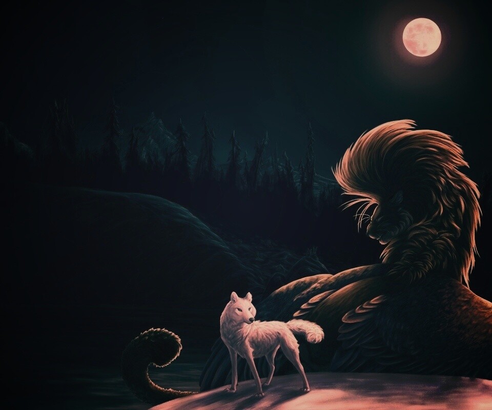 Волк и лев при луне обои