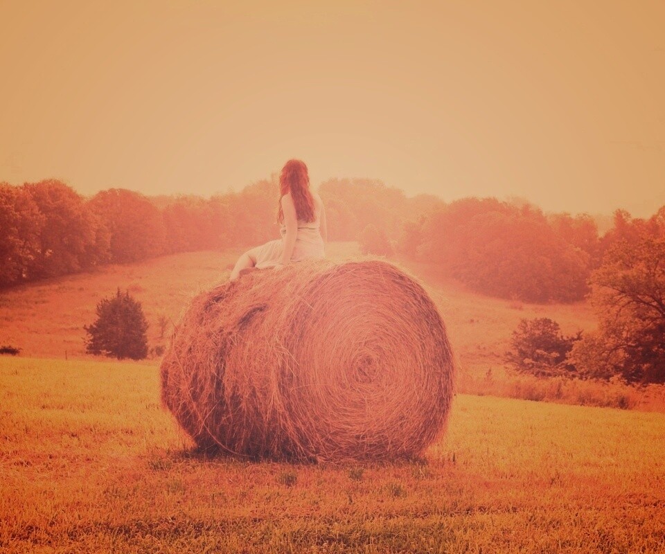 Девушка на снопе сена обои