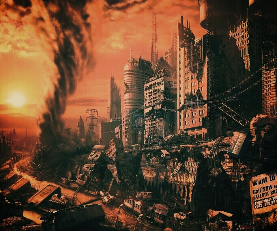 Торнадо в разрушенном городе обои