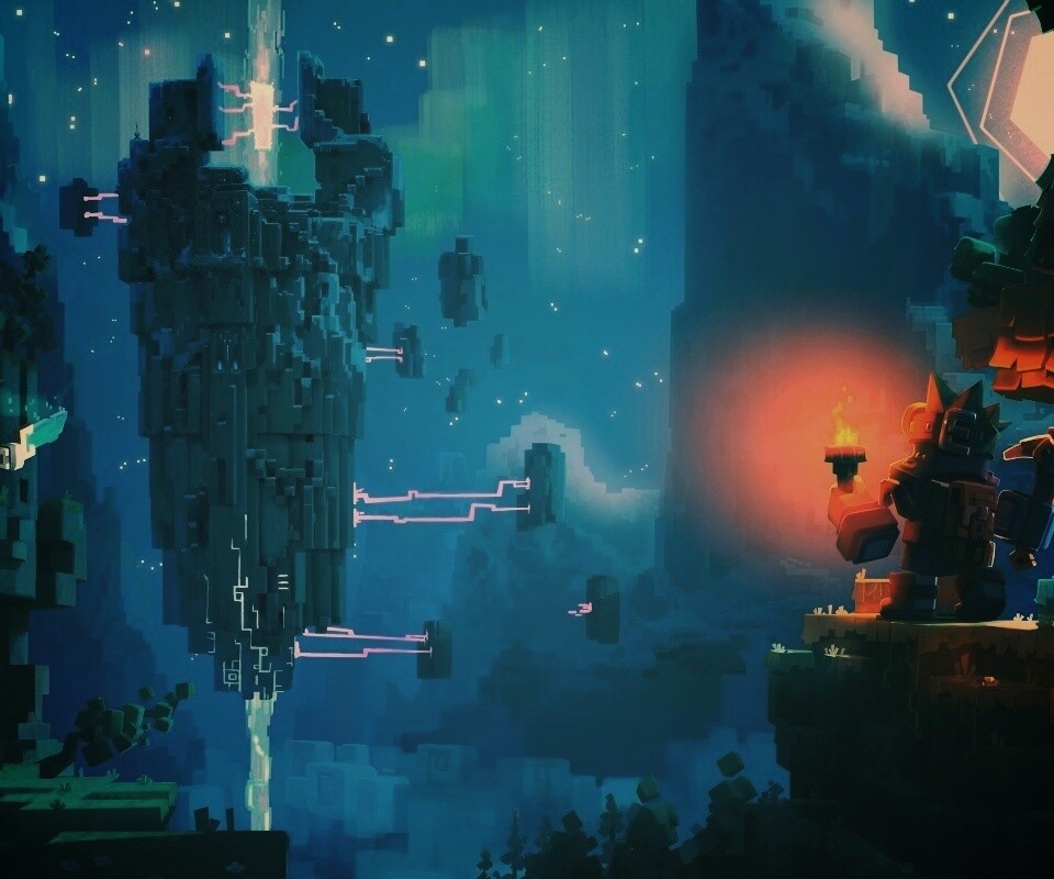 Парень с киркой и факелом смотрит в даль обои