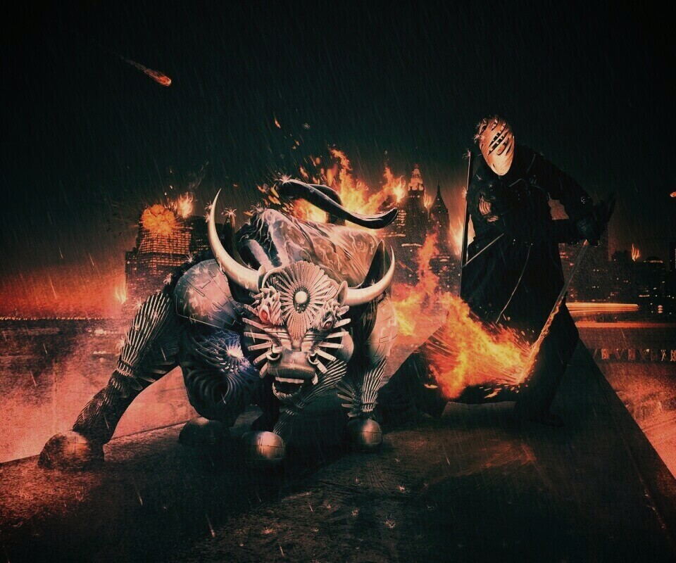 Воин и бык на крыше обои