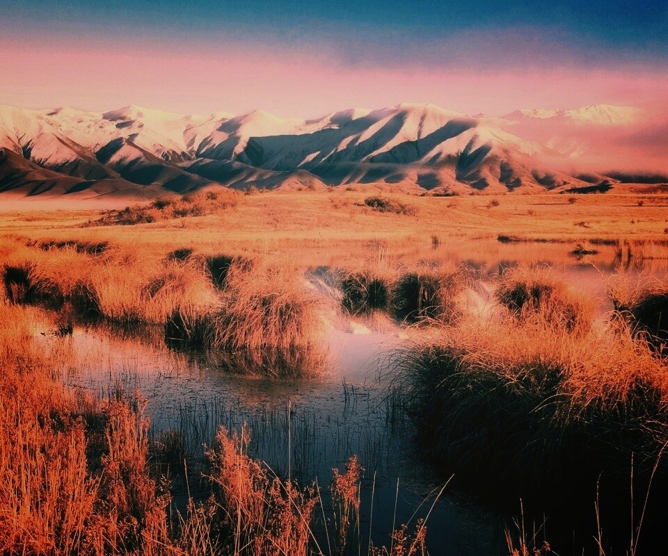 Болото и снежные горы обои