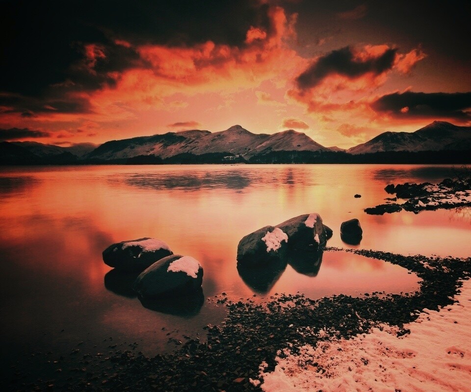 Картинный закат на озере обои