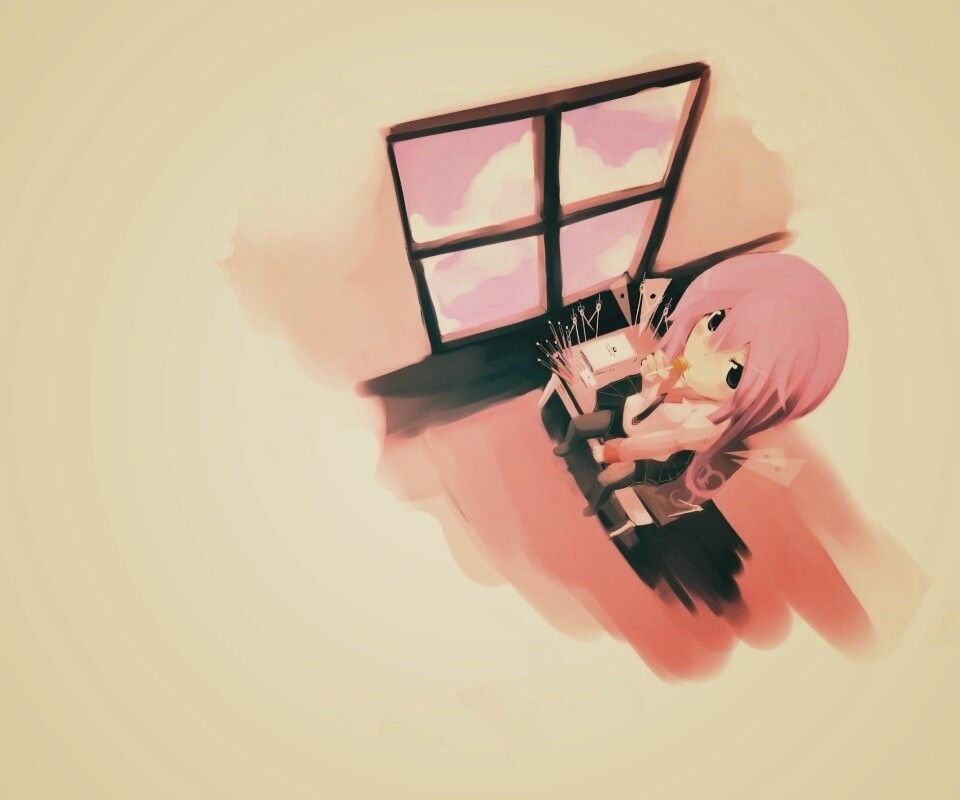 Школница с конфетой у окна обои