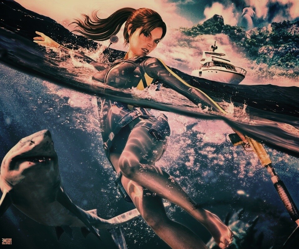 Лара Крофт против акул обои
