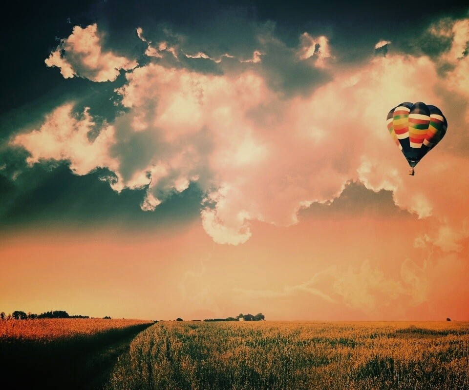Воздушный шар над зеленым лугом обои