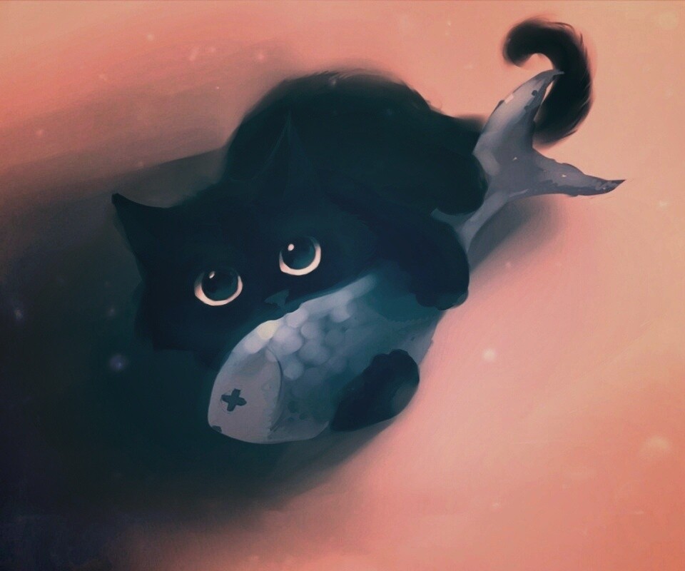 Кот с рыбкой обои