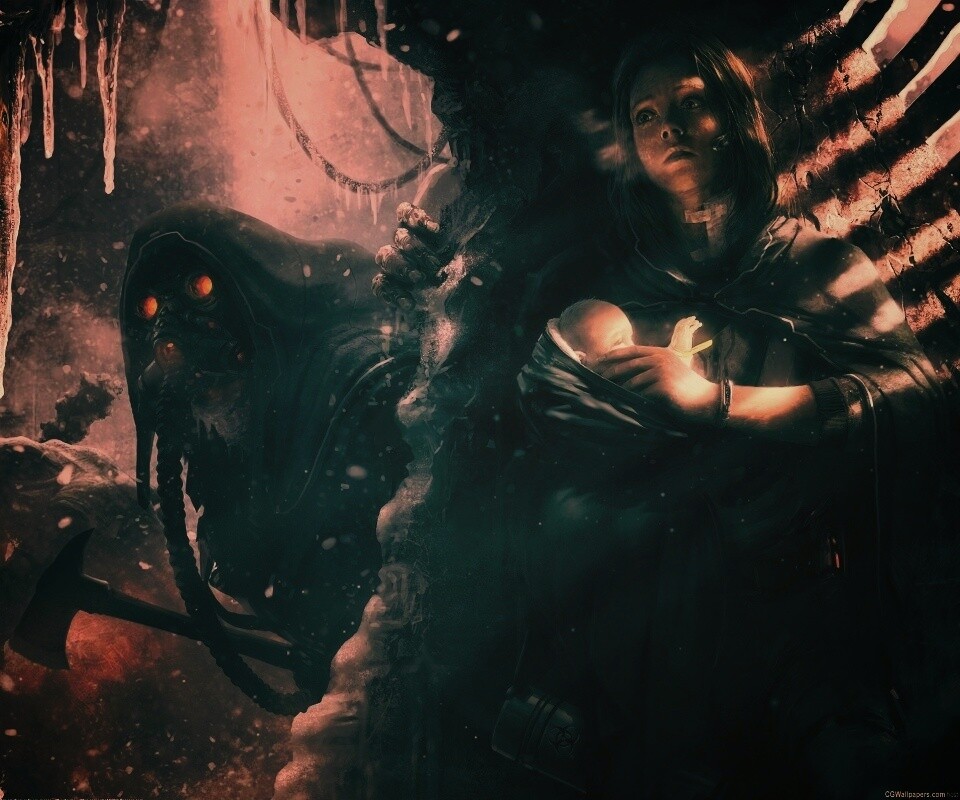 Девушка с ребенком прячется от монстра обои