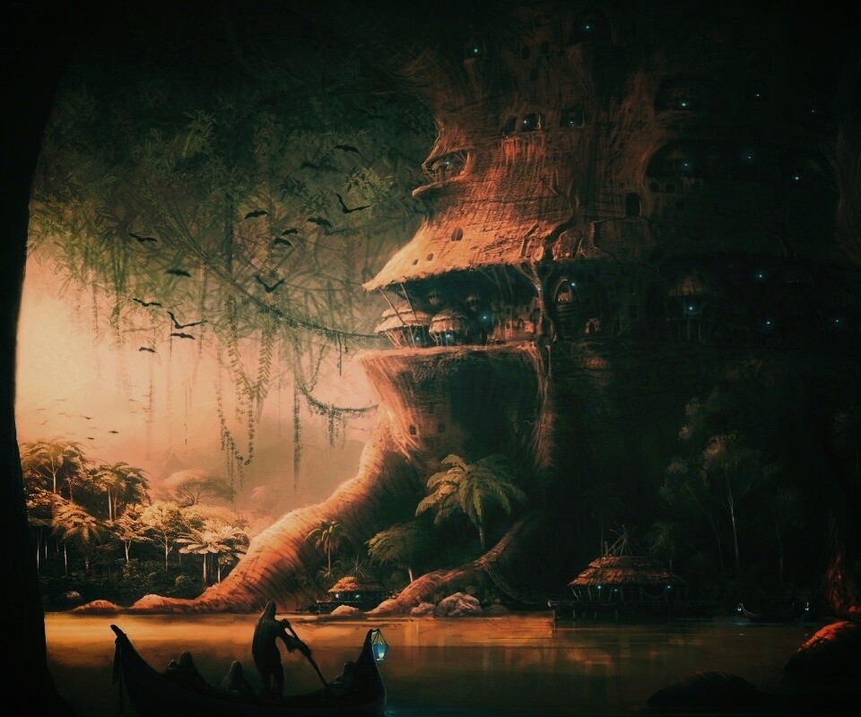 Город в стволе дерева обои