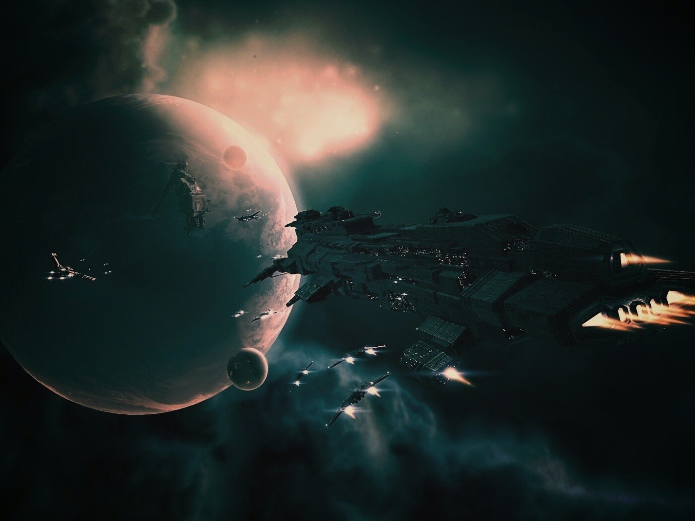 Космический флот атакует планету обои