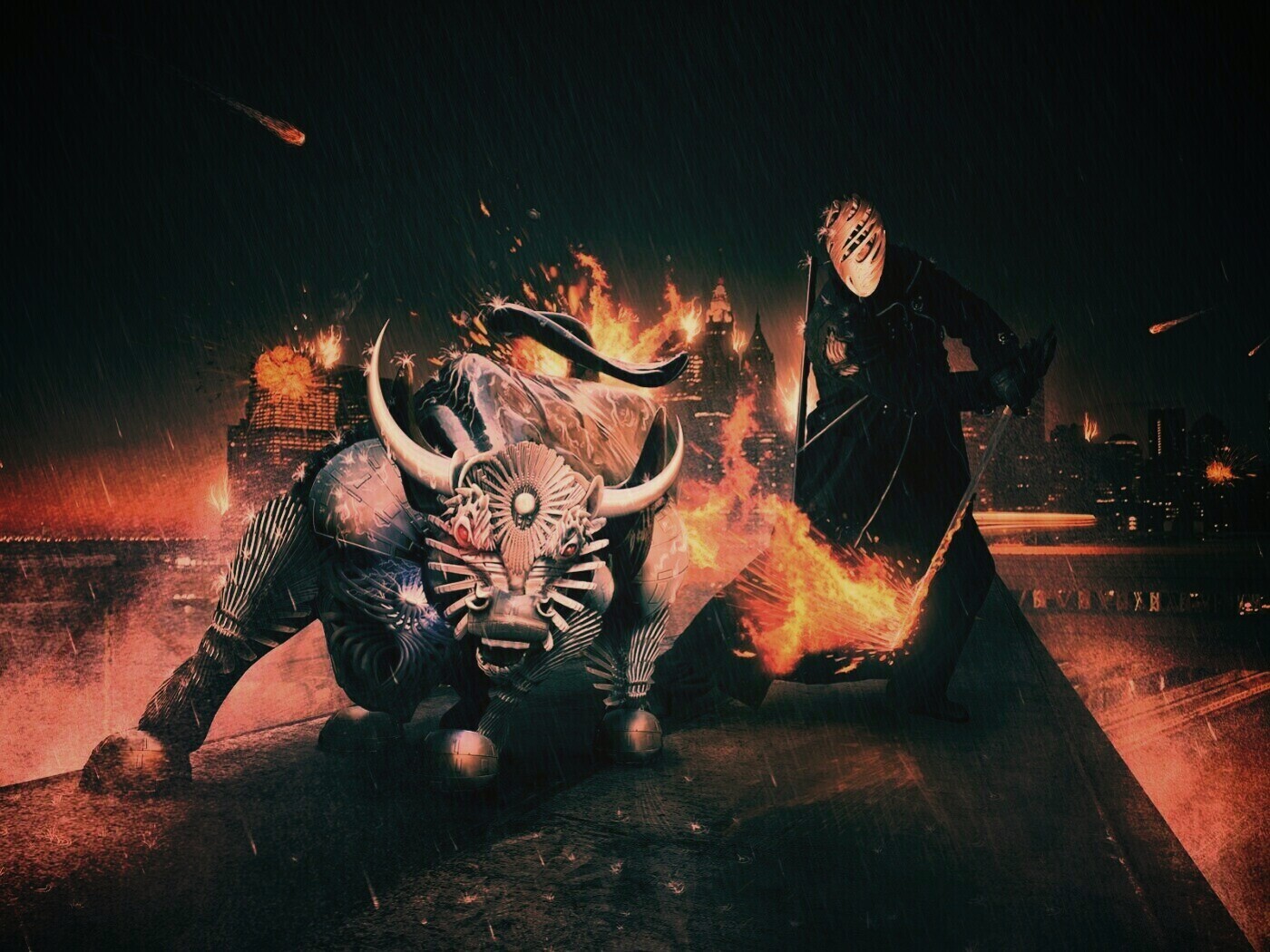 Воин и бык на крыше обои