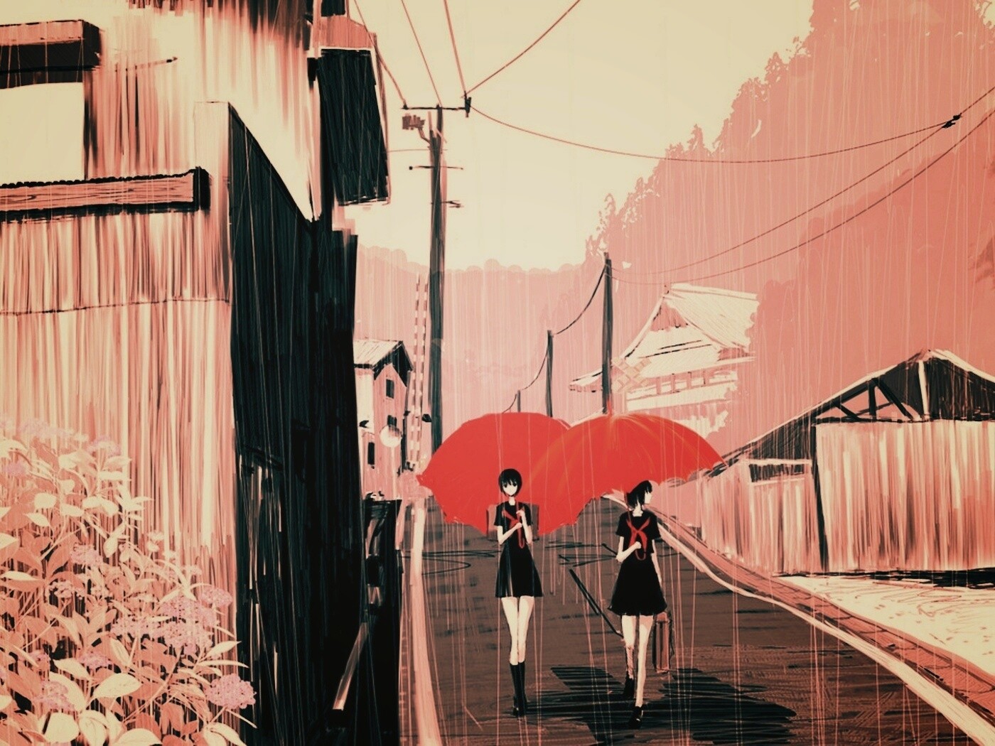 Девушки с красными зонтами обои
