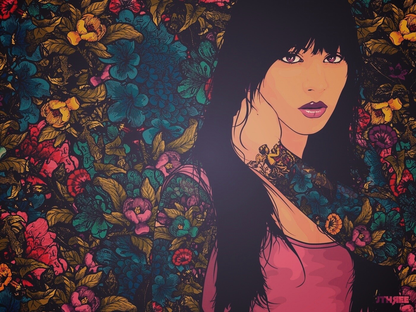 Девушка с цветочной тату обои