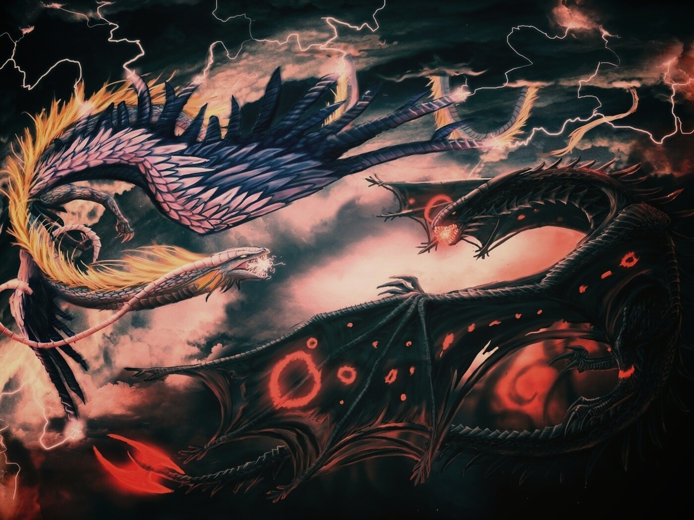 Живописная битва молнии и огня обои