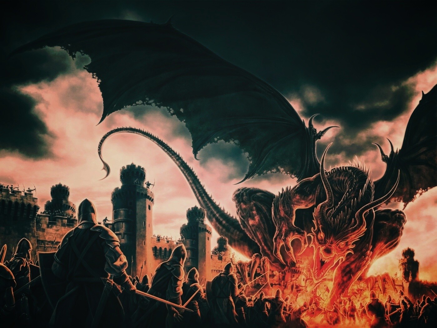 Дракон нападает на замок обои