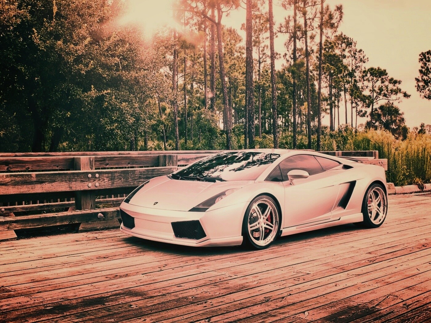 Ламбоджини на мосту в лесу обои