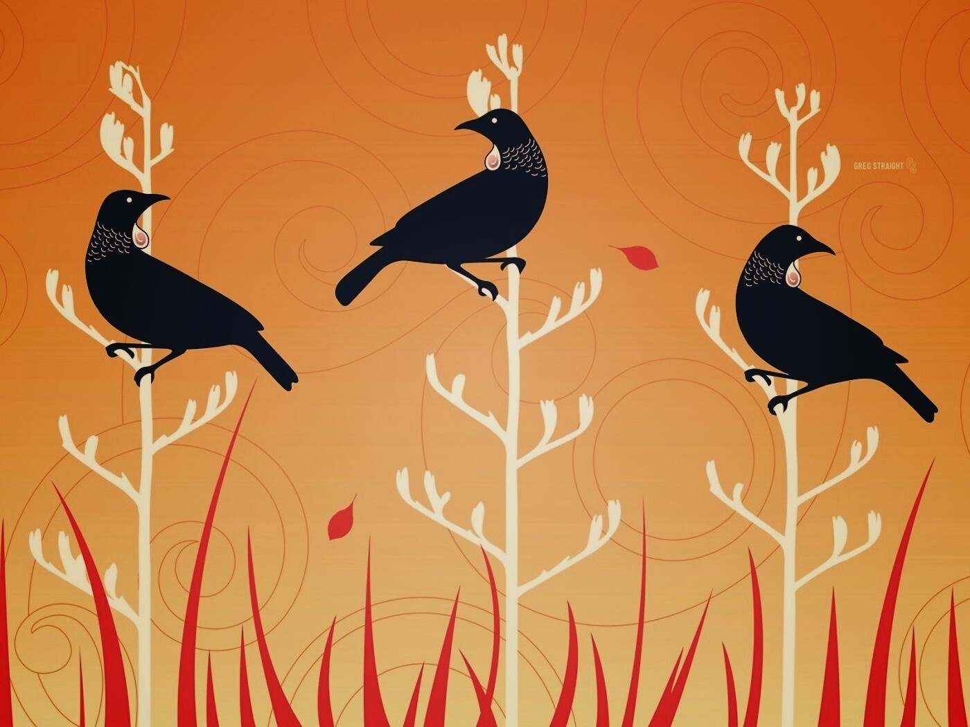 Векторные стилизованные птицы на ветках дерева обои