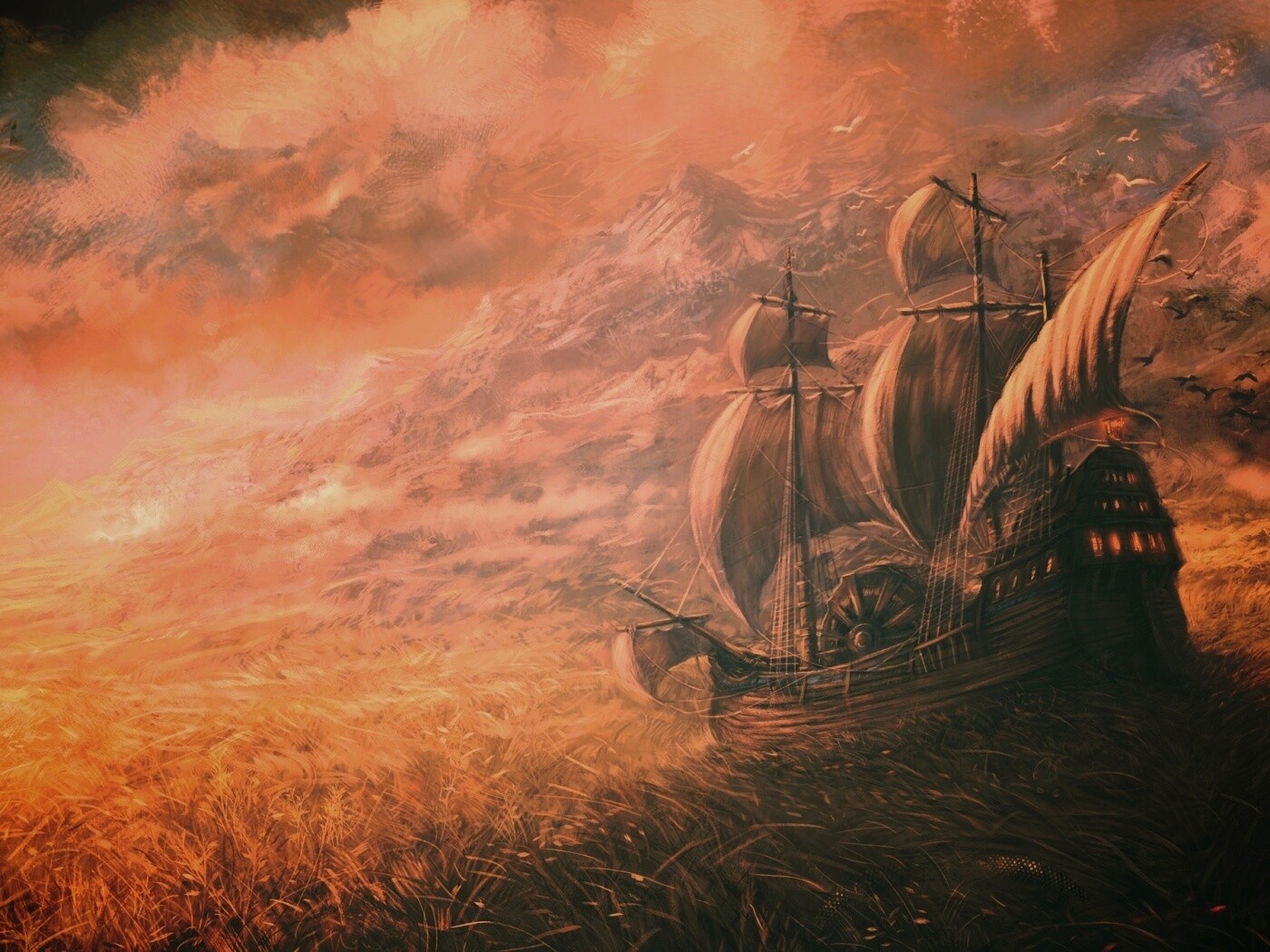 Корабль в море травы обои