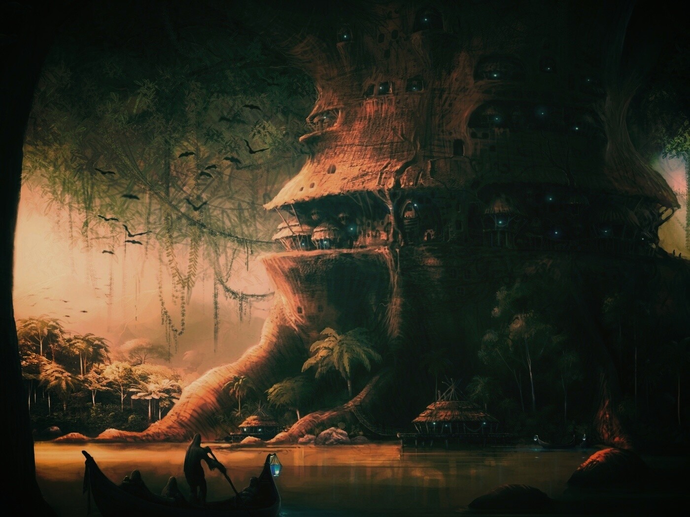 Город в стволе дерева обои